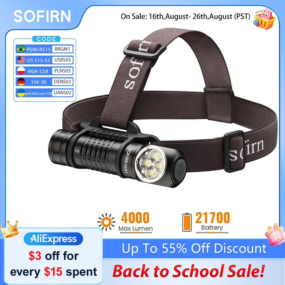 Sofirn HS41 Headlamp 4000 Lumen USB C Rechargeable LED Flashlight