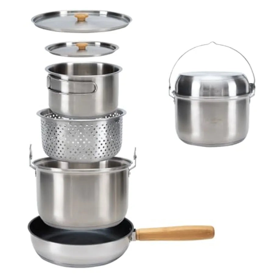 Stainless Steel Camping Cookware Set With Pots Pan And Kettle