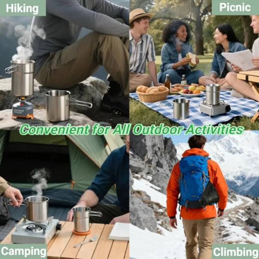 Foldable Stainless Steel Camping Cup Cookware Set With Vented Lid