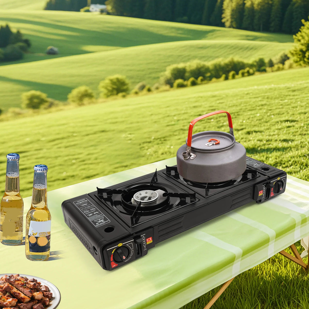 2500W Portable Camping Stove 2 Burner With Baking Tray And Carry Case