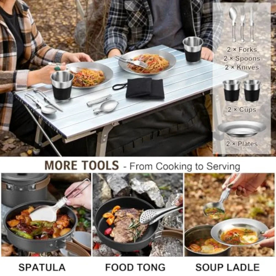 Stainless Steel Camping Cookware Set With Pots Pan And Kettle