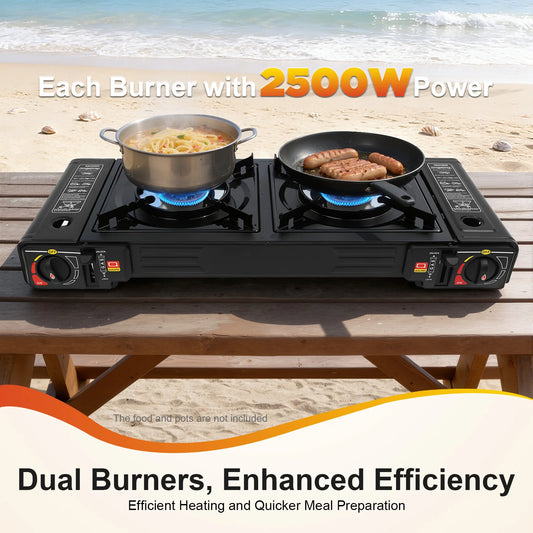 2500W Portable Camping Stove 2 Burner With Baking Tray And Carry Case