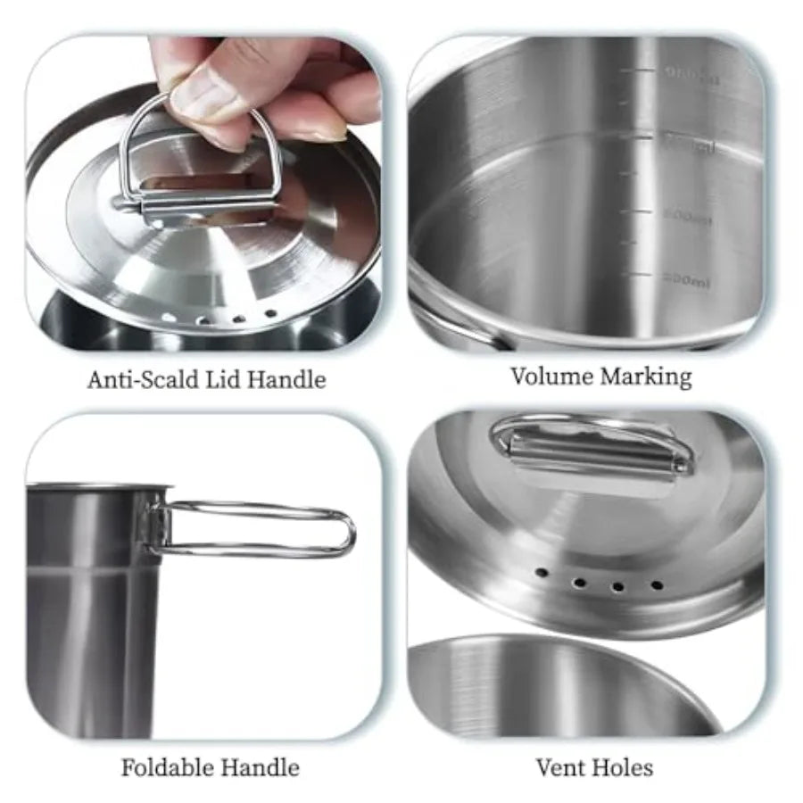 Foldable Stainless Steel Camping Cup Cookware Set With Vented Lid