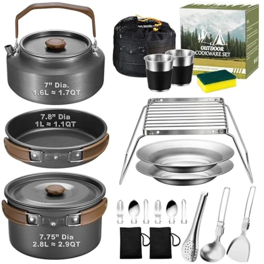 Stainless Steel Camping Cookware Set With Pots Pan And Kettle
