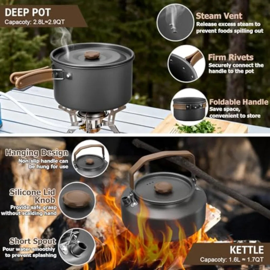 Stainless Steel Camping Cookware Set With Pots Pan And Kettle